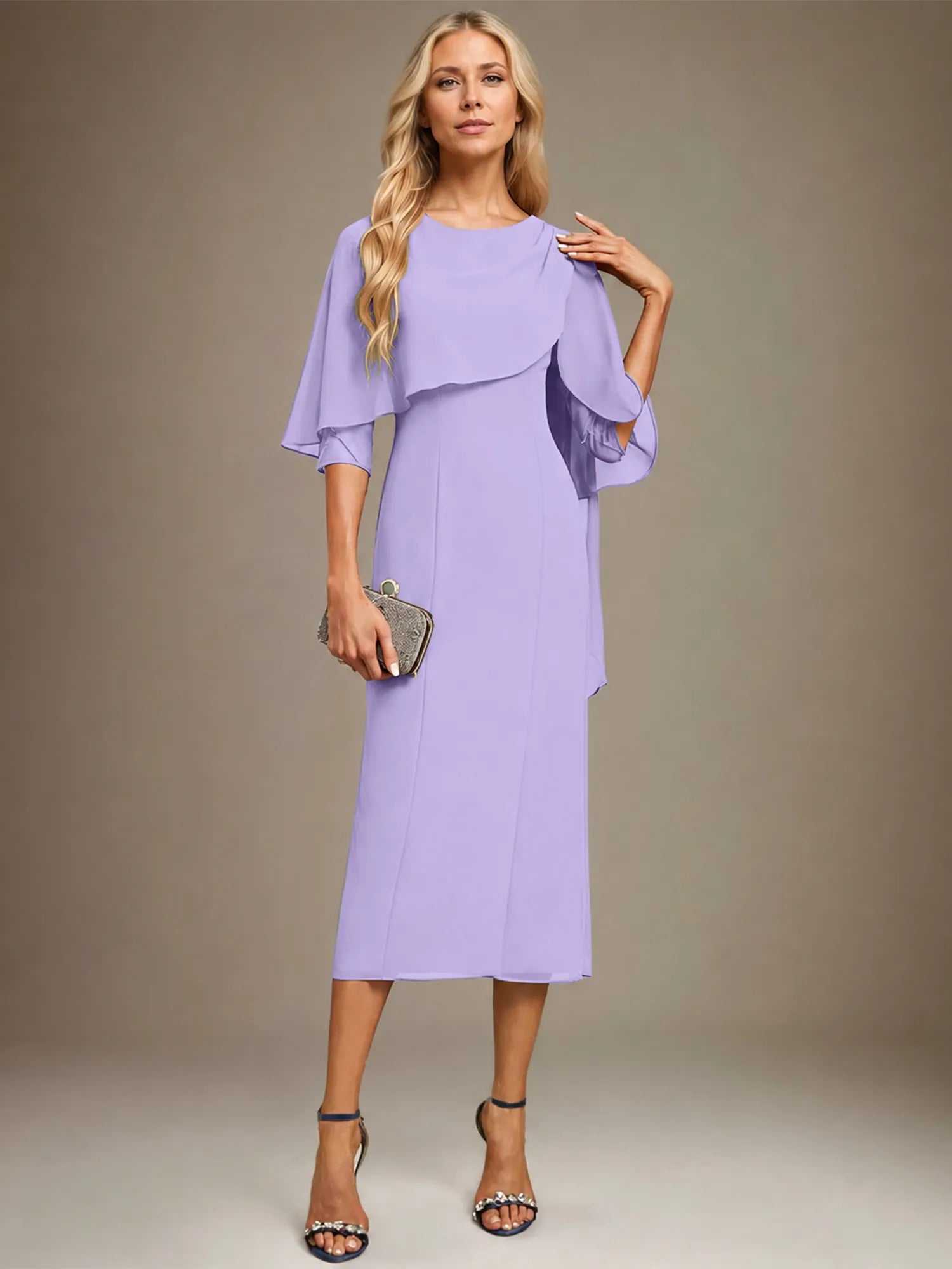 Sheath/Column Scoop Tea Length Chiffon Dress With Pleated Beading