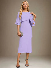 Sheath/Column Scoop Tea Length Chiffon Dress With Pleated Beading