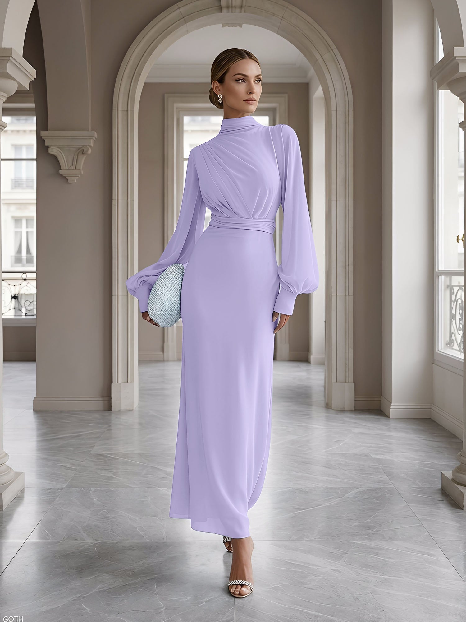 Ice Blue High-Neck Bishop Sleeve Gown Foraml Evening Dress
