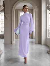 Ice Blue High-Neck Bishop Sleeve Gown Foraml Evening Dress