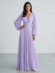 Slate Blue Plunging V-Neck Pleated Long Sleeve Maxi Dress Gown