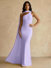 Yellow One-Shoulder Crepe Sheath Gown with Flowing Chiffon Cape Train