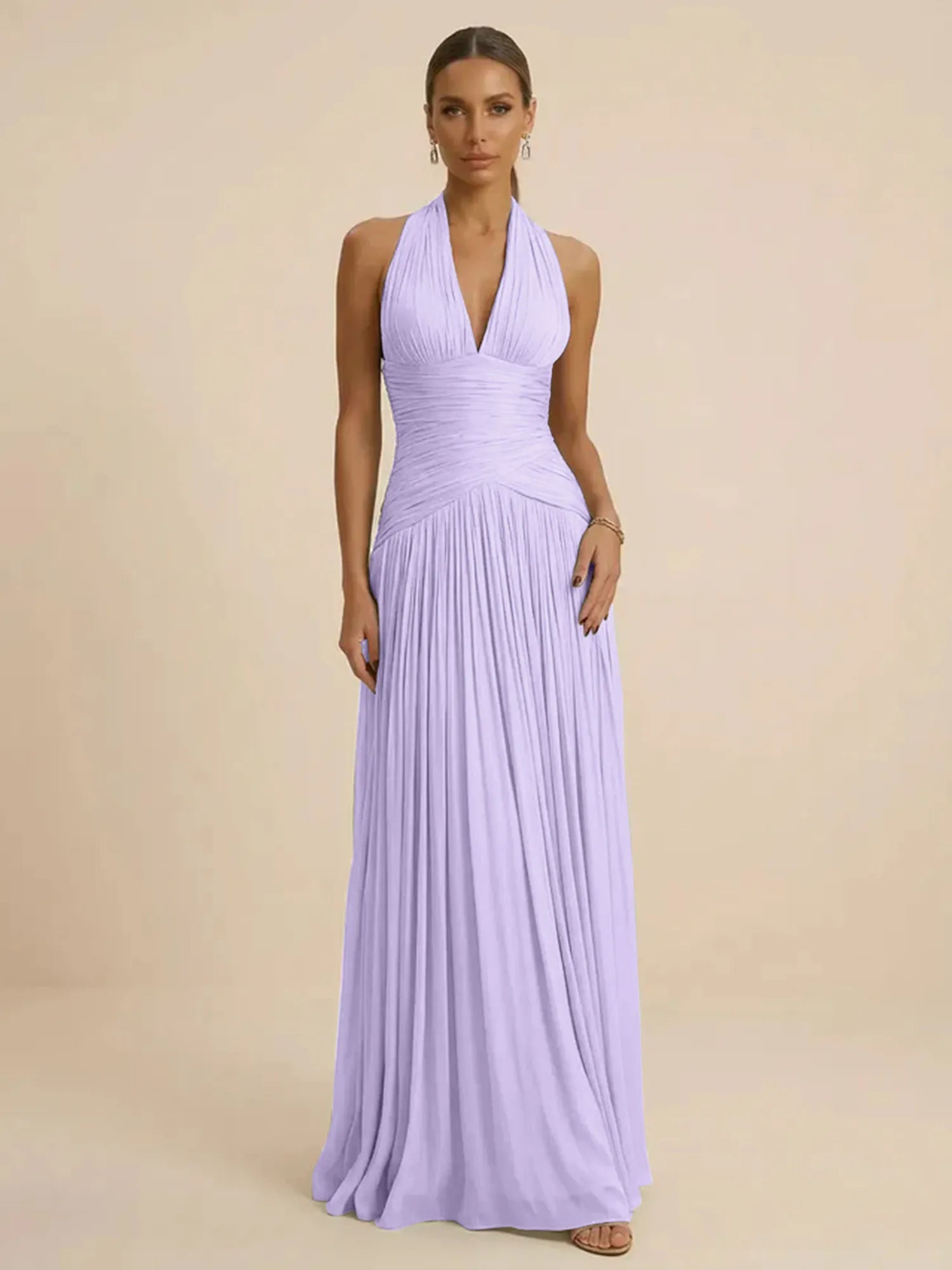 Sage Green Halter Neck Pleated Chiffon Evening Gown with Ruched