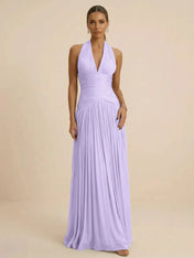 Sage Green Halter Neck Pleated Chiffon Evening Gown with Ruched