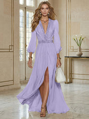 Elegant Beige Chiffon V-neck With Rhinestone Embellishments And A Side Slit Maxi Dress