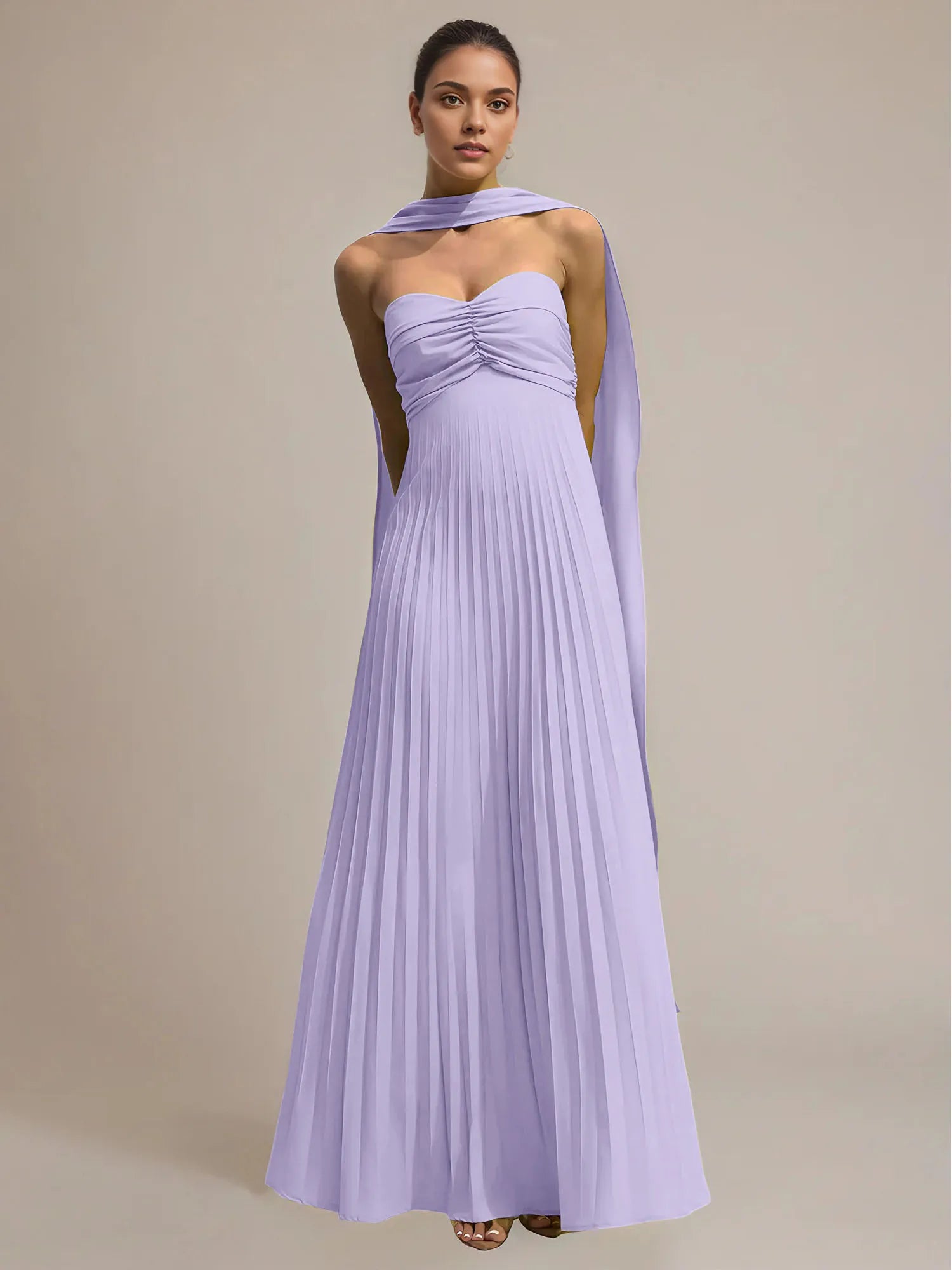 Green Chiffon A Line Off The Shoulder Sleeveless Floor Length Pleated Dress