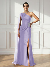 Formal Evening Dress Burgundy One Shoulder Slit Maxi Dress Gown