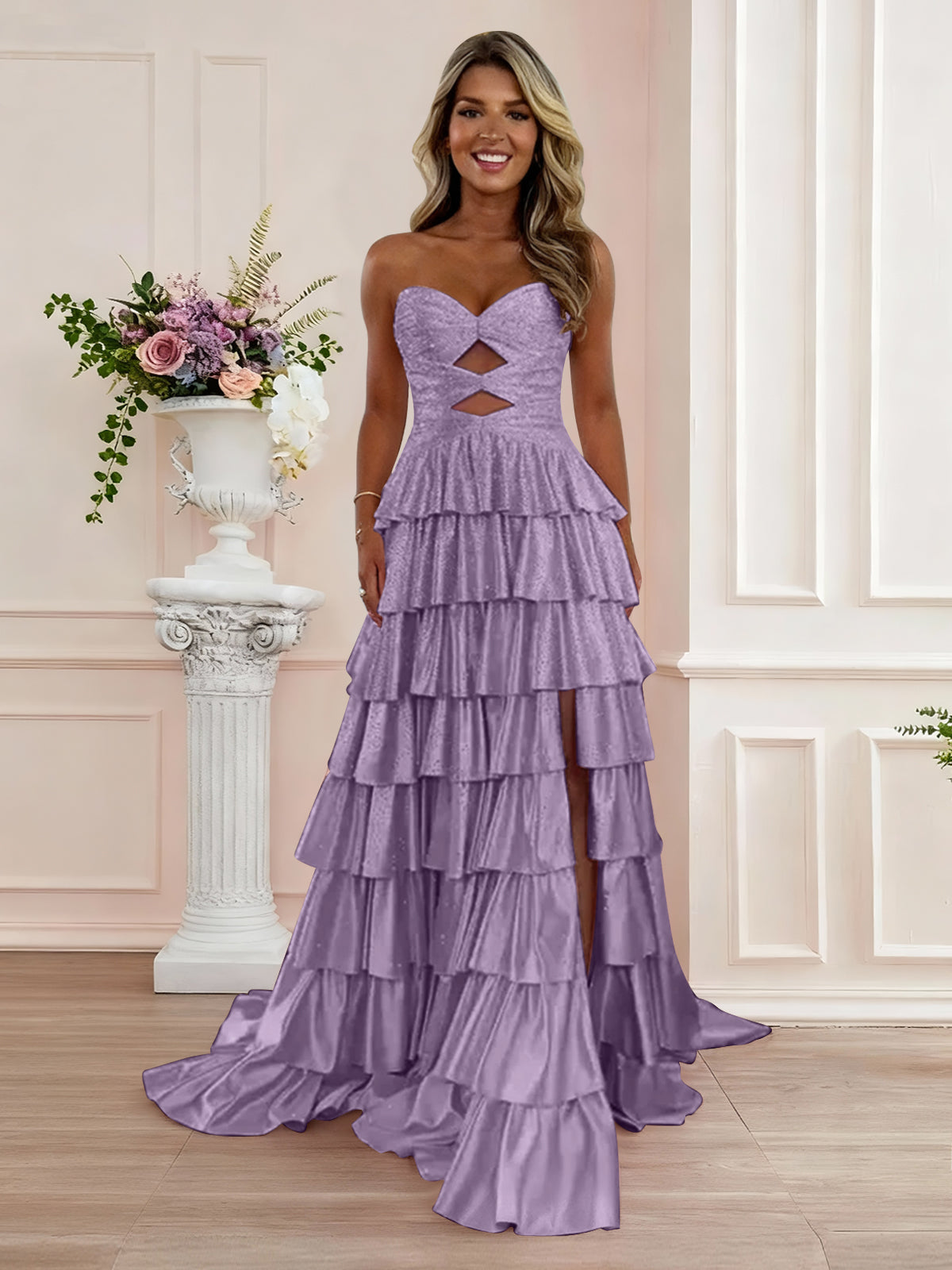 A Line Strapless Sweetheart Satin Prom Dress with Keyhole