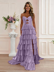 A Line Strapless Sweetheart Satin Prom Dress with Keyhole