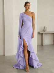 Glamorous Midnight Navy Formal Evening Dress One-Shoulder Ruched Cape Gown