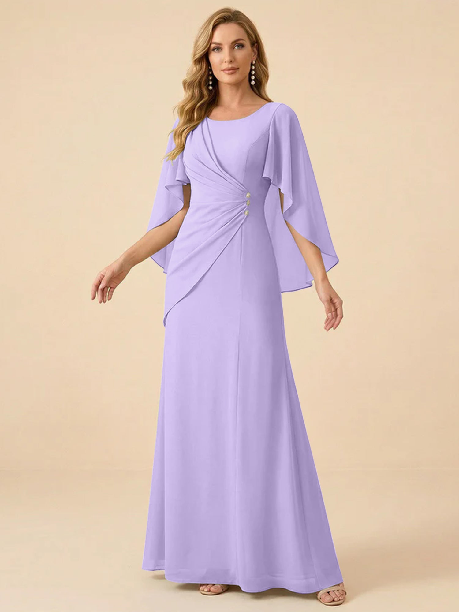 Sage Green Chiffon Beaded Mother of the Bride Dress with Cape Sleeves