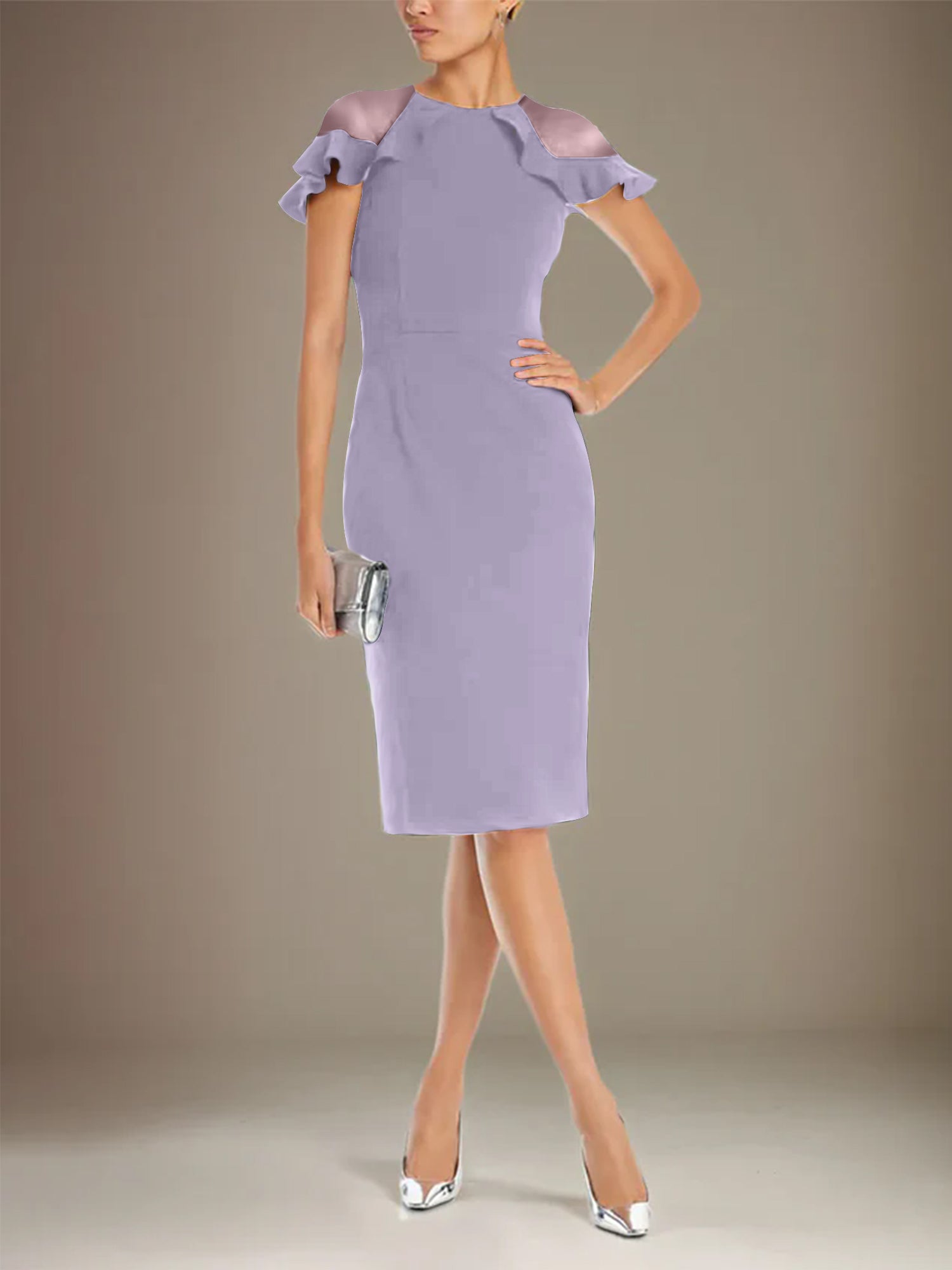 Column Stretch Crepe Scoop Short Sleeves Knee Length Dress