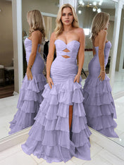 Yellow Strapless Mermaid Cutouts Ruffled Tiered Corset Back Prom Dress with Slit