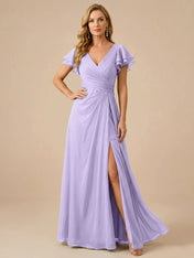 Sage Green V-Neck High-Slit Pleated Chiffon Dress