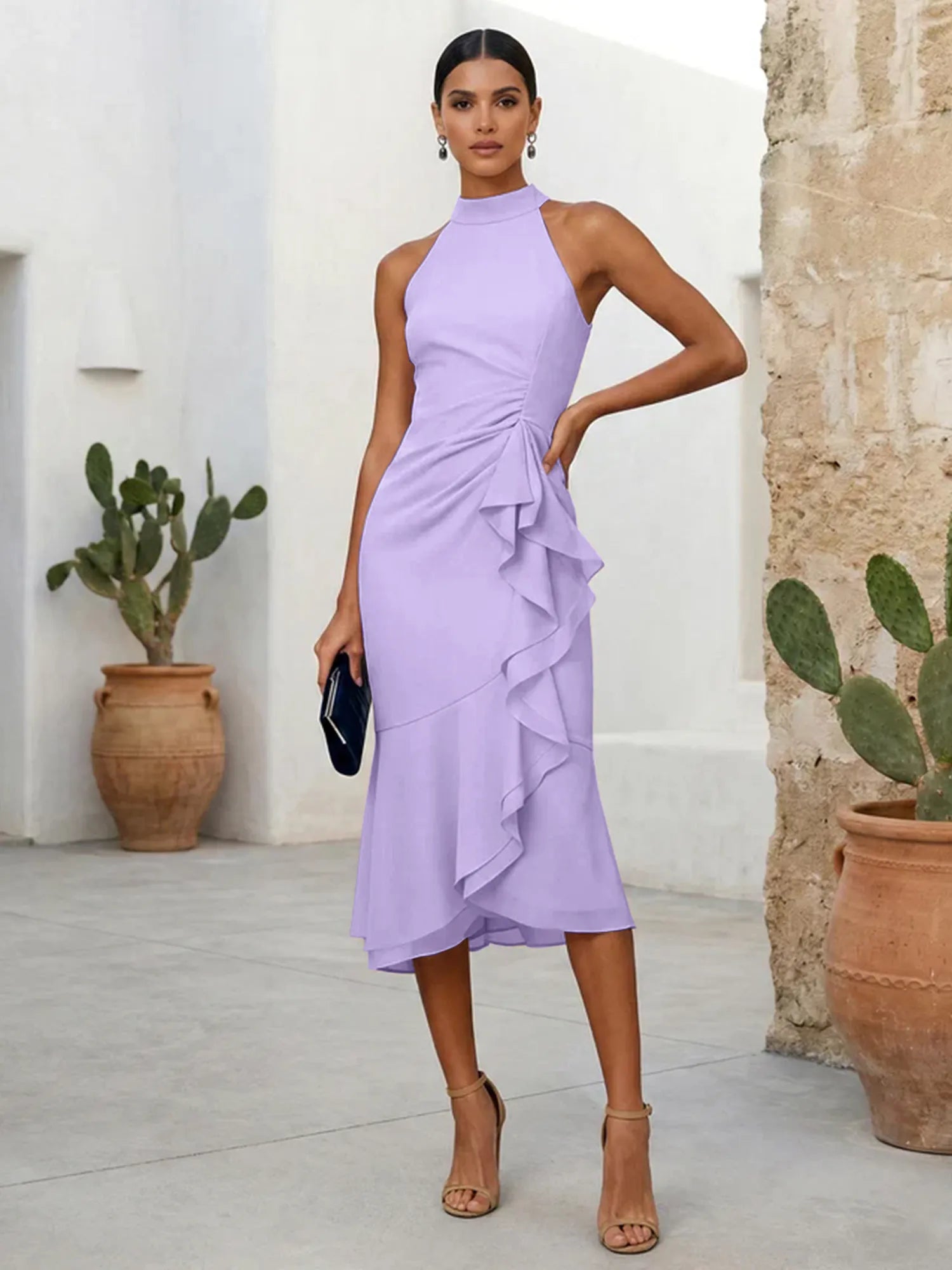 Pink High Neck Chiffon Mermaid Tea Length Evening Dress with Ruffle