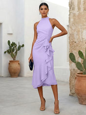 Pink High Neck Chiffon Mermaid Tea Length Evening Dress with Ruffle