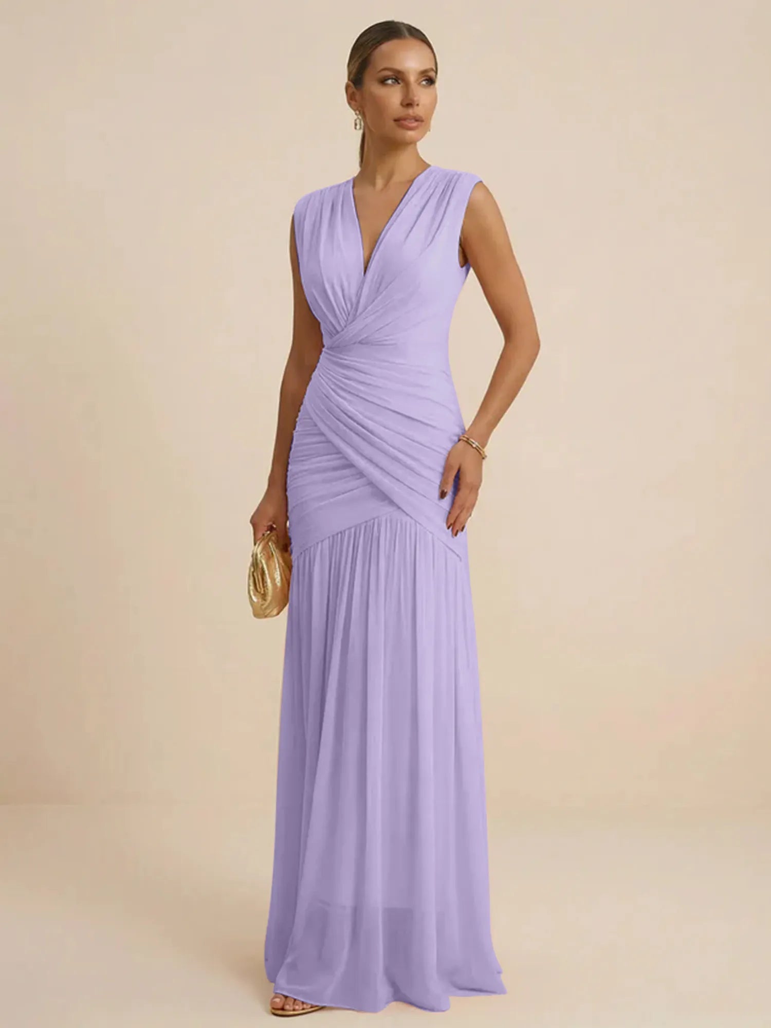 Pink Regular Straps V Neck Chiffon Pleat Mermaid Maxi Dress