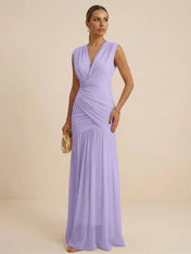 Pink Regular Straps V Neck Chiffon Pleat Mermaid Maxi Dress