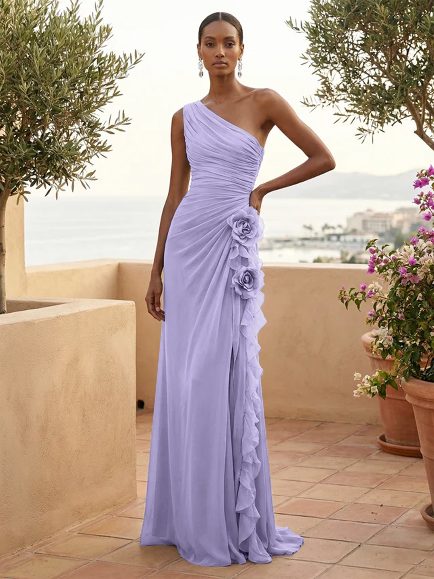 One Shoulder Pleat Mermaid A Line Ruffle Evening Dresses