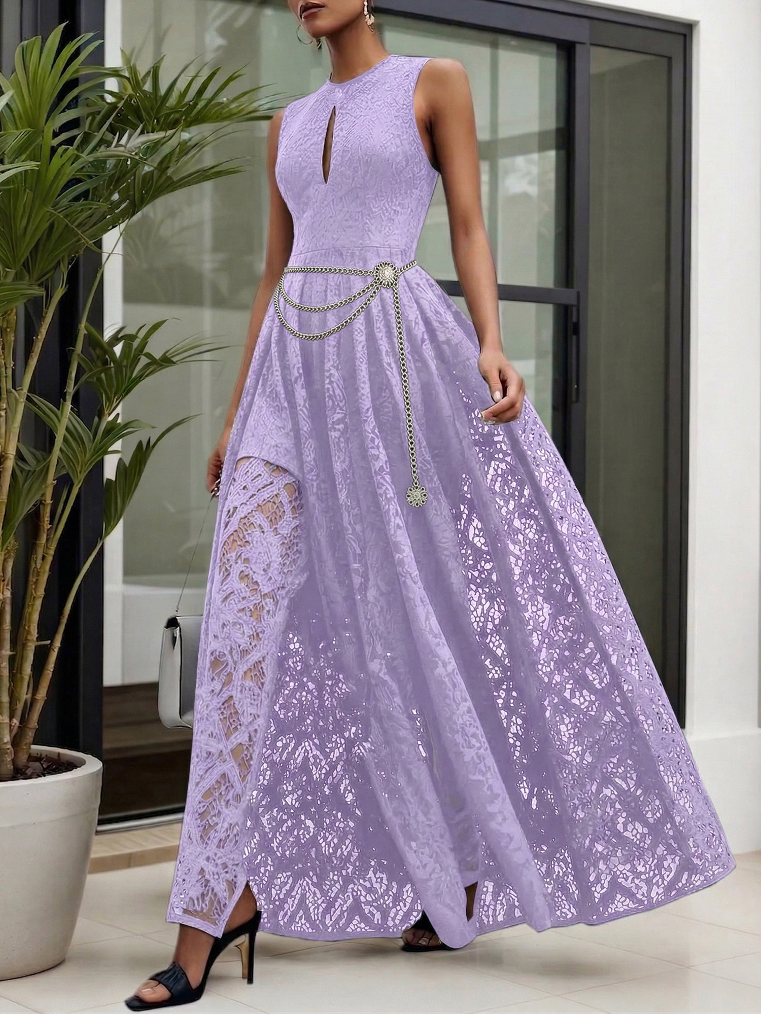 Midnight Black Lace Hollow Out Crew Neck Sleeveless A-Line Maxi Dress