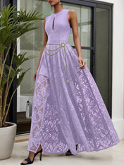 Midnight Black Lace Hollow Out Crew Neck Sleeveless A-Line Maxi Dress