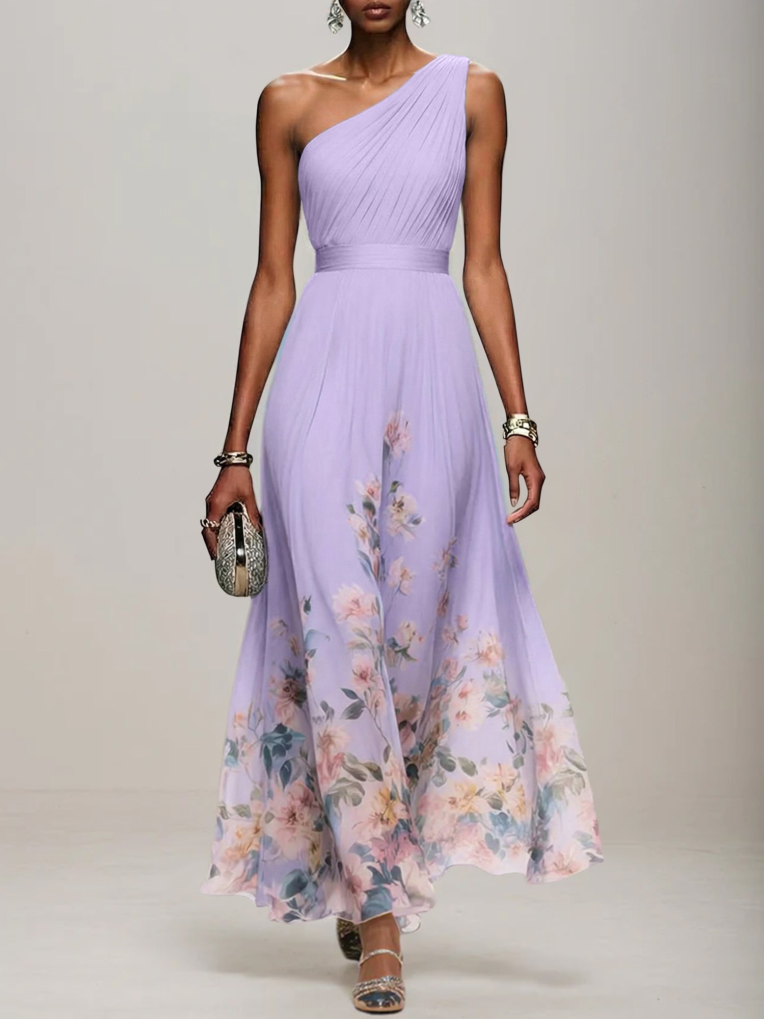 Light Blue Floral Chiffon One Shoulder Sleeveless A-Line Maxi Dress Gown
