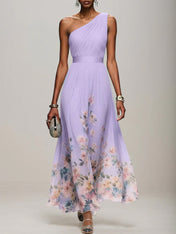 Light Blue Floral Chiffon One Shoulder Sleeveless A-Line Maxi Dress Gown