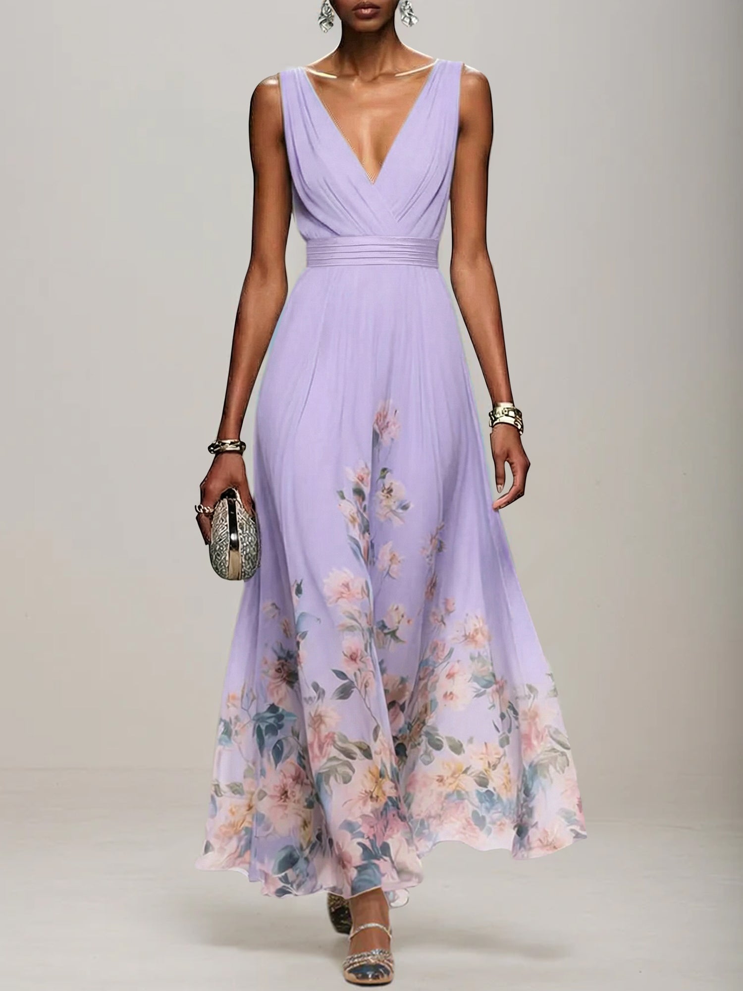 Light Blue Floral Chiffon V Neck Sleeveless A Line Maxi Dress