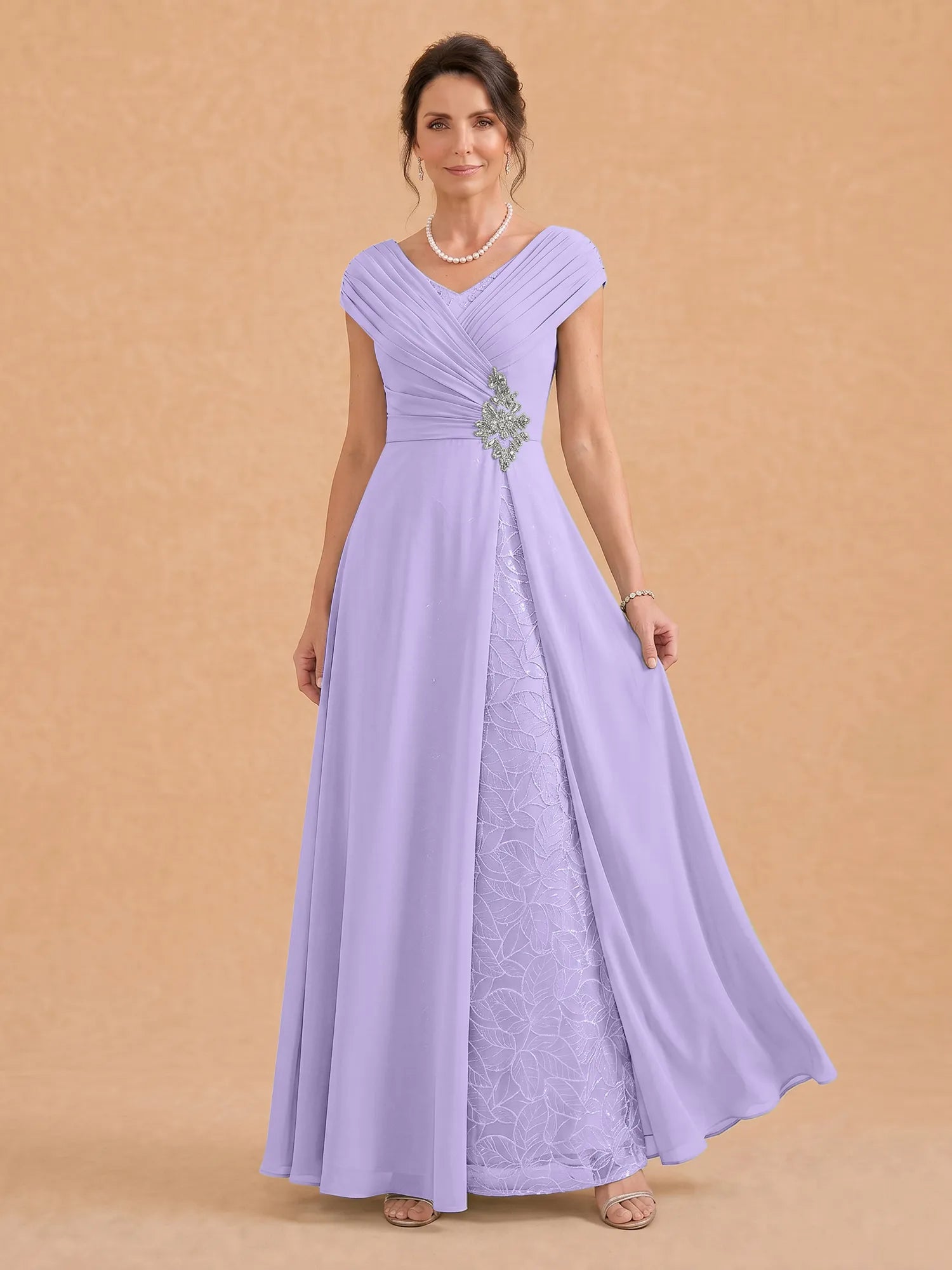 V-Neck Ruched Chiffon A-Line Mother of the Bride Dress with Crystal Brooch