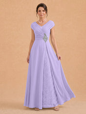 V-Neck Ruched Chiffon A-Line Mother of the Bride Dress with Crystal Brooch