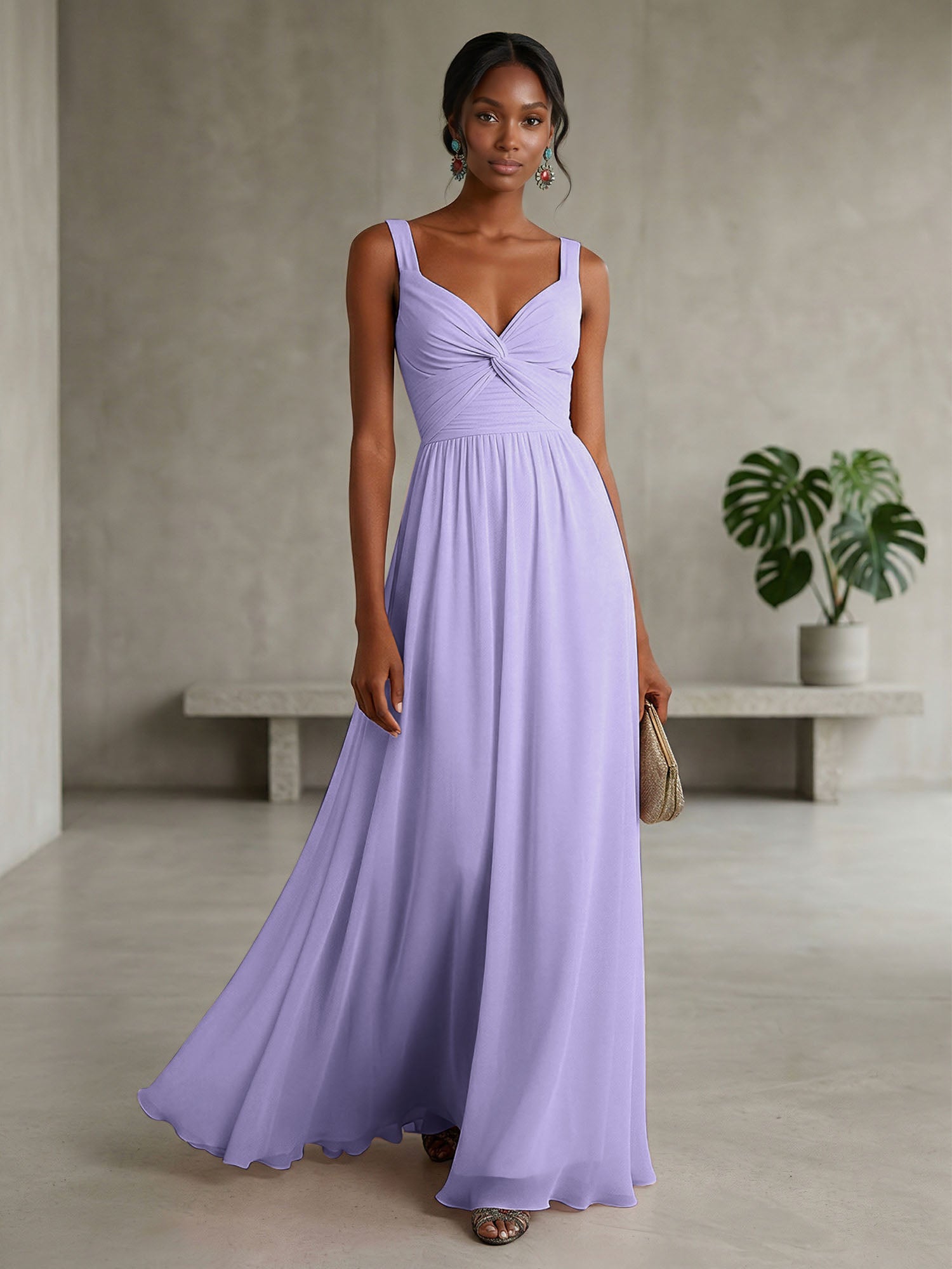 Elegant Soft Blush Twist-Front Chiffon Maxi Gown