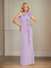 Navy Stretch Crepe Sheath/Column One Shoulder Floor Length Mother of the Bride Dresses With Ruffles