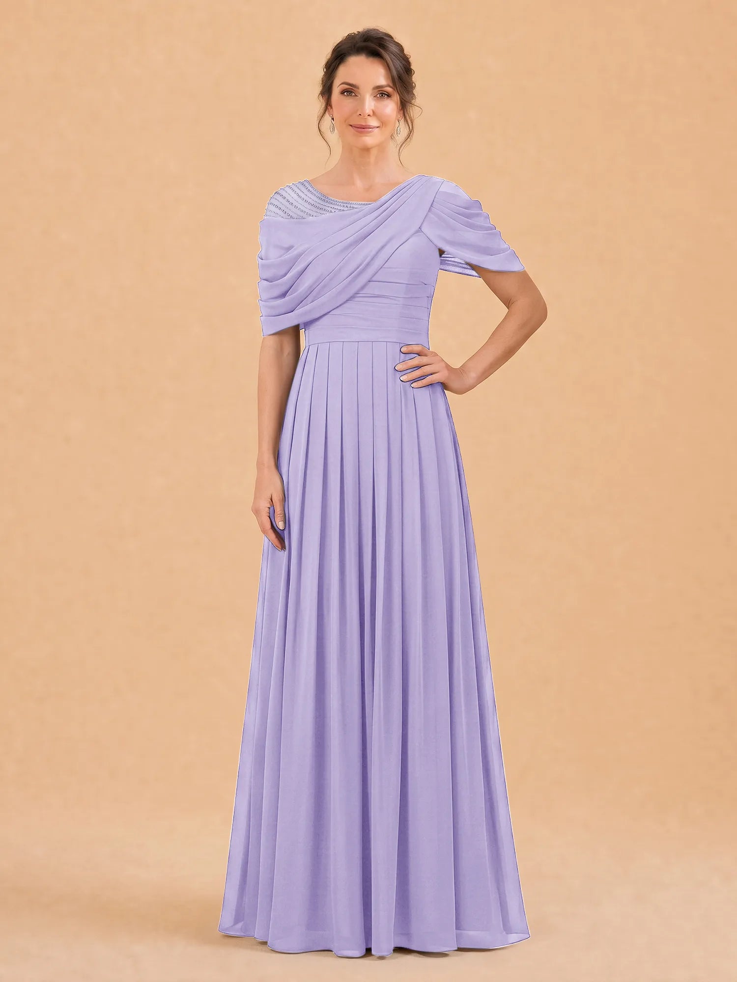 One-Shoulder Cape Overlay Chiffon Mother of the Bride Dress