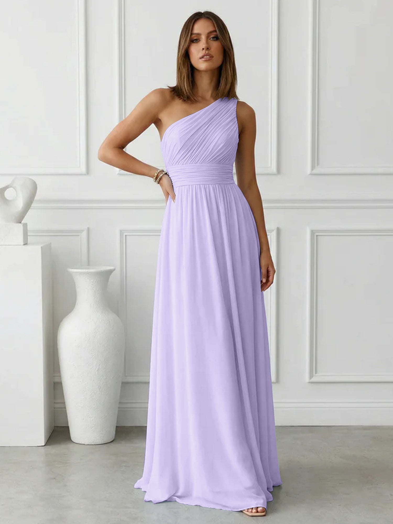 Timeless Light Blue One-Shoulder Maxi Dress Ruched Chiffon Gown