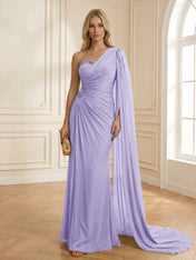 Sage Green One Shoulder Beaded Evening Gown with Cape Sleeve
