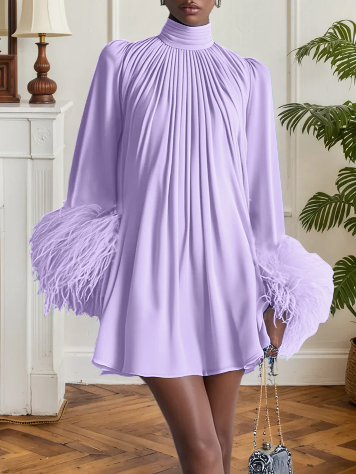 Blue Feather Ruched Chiffon Mock Neck Long Sleeve A-Line Mini Dress