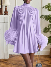 Blue Feather Ruched Chiffon Mock Neck Long Sleeve A-Line Mini Dress