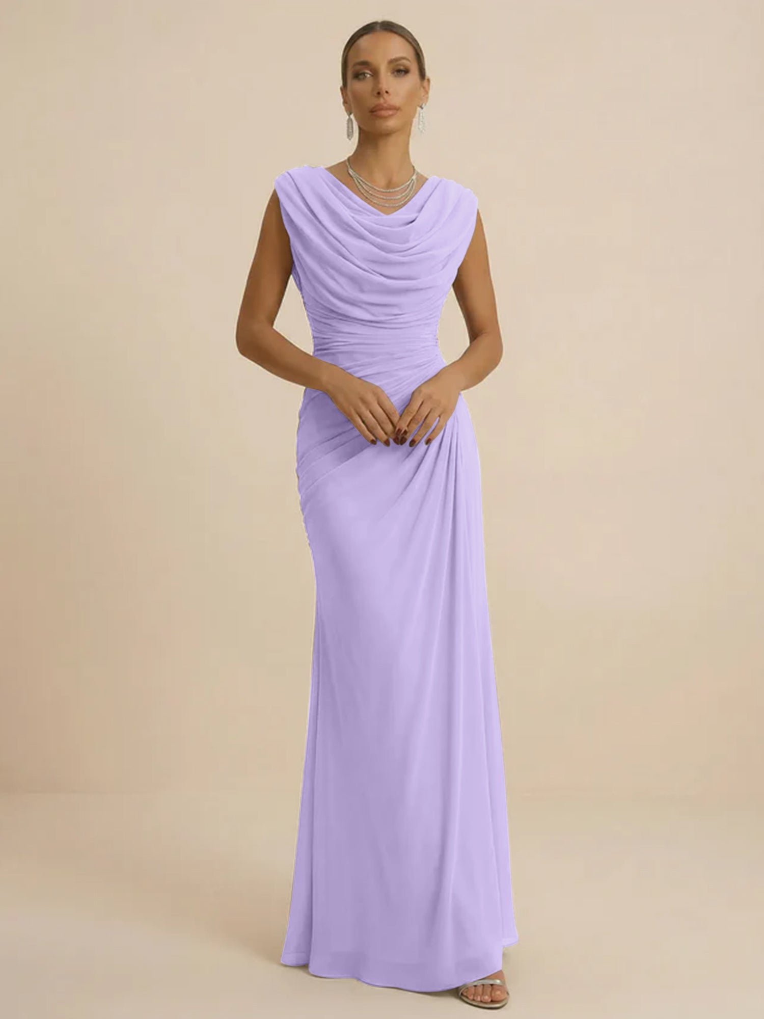 Dusty Grey Draped Cowl Neck Ruched Chiffon Evening Dresses