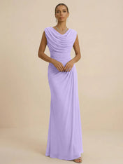 Dusty Grey Draped Cowl Neck Ruched Chiffon Evening Dresses