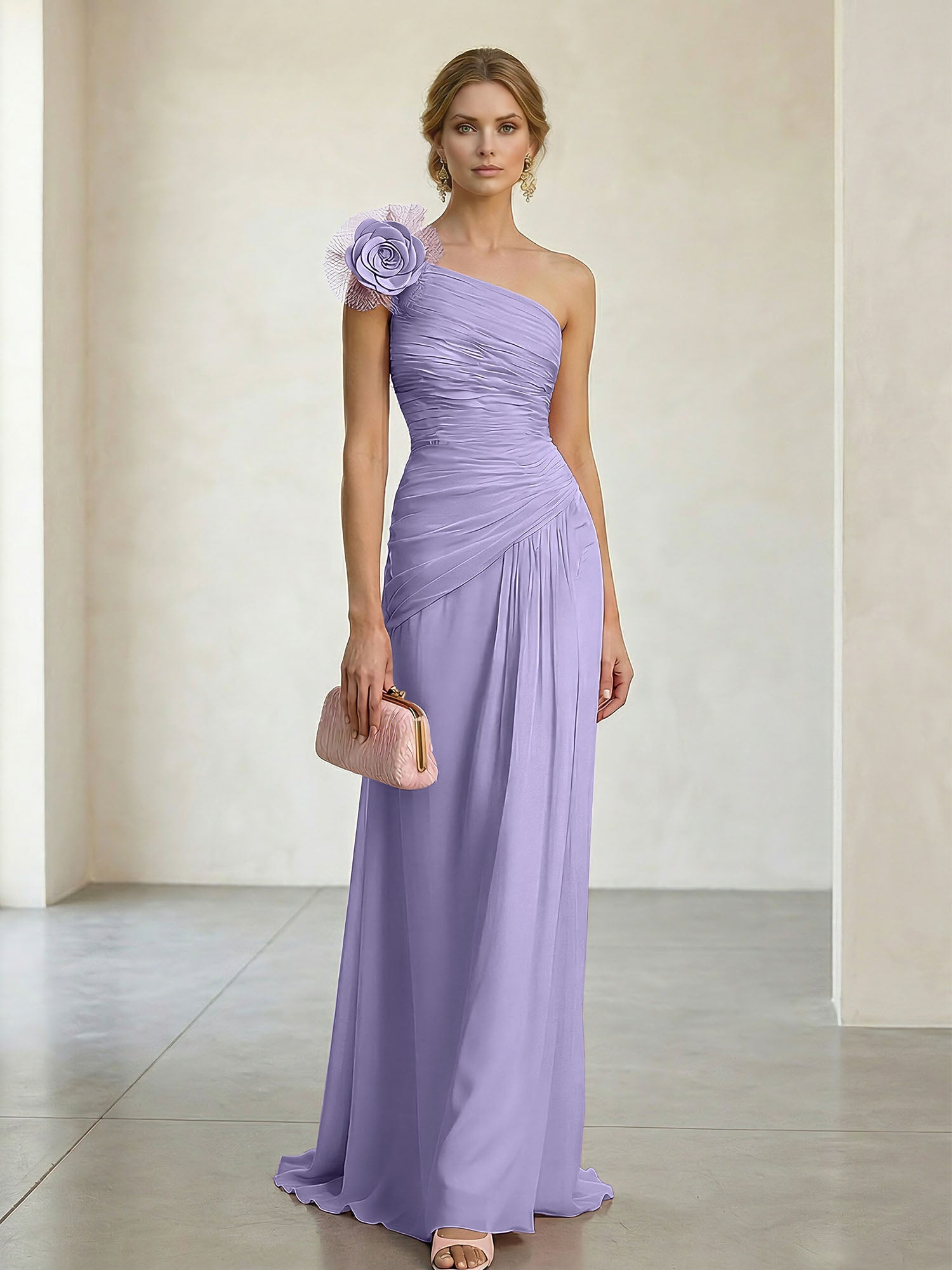 Blush Pink One-Shoulder Ruched 3D Floral Gown Dress