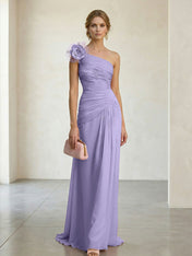 Blush Pink One-Shoulder Ruched 3D Floral Gown Dress