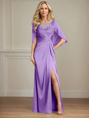 Sheath/Column Satin Scoop Neck Cap Sleeves Floor Length Mother Of The Bride Dresses