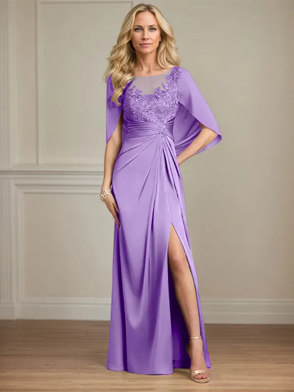 Column Satin Scoop Neck Cap Sleeves Floor Length Mother Of The Bride Dresses