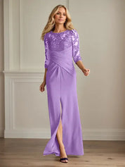 Robe fourreau en crêpe extensible prune pour mère de la mariée 