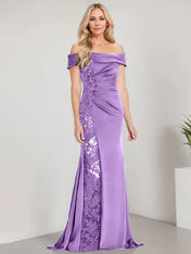 A-Line Off the Shoulder Floor-Length Mother of the Bride Dress Applique Beadings Mermaid Dress With  High Split