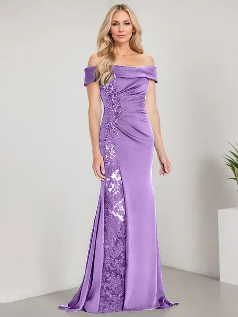 A-Line Off the Shoulder Floor-Length Mother of the Bride Dress Applique Beadings Mermaid Dress With  High Split