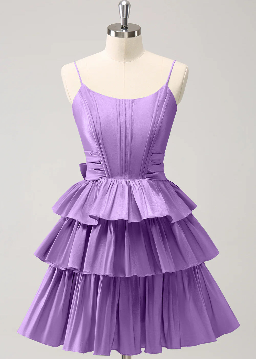 Hot Pink A Line Spaghetti Straps Corset Tiered Ruffle Homecoming Dress with Bow