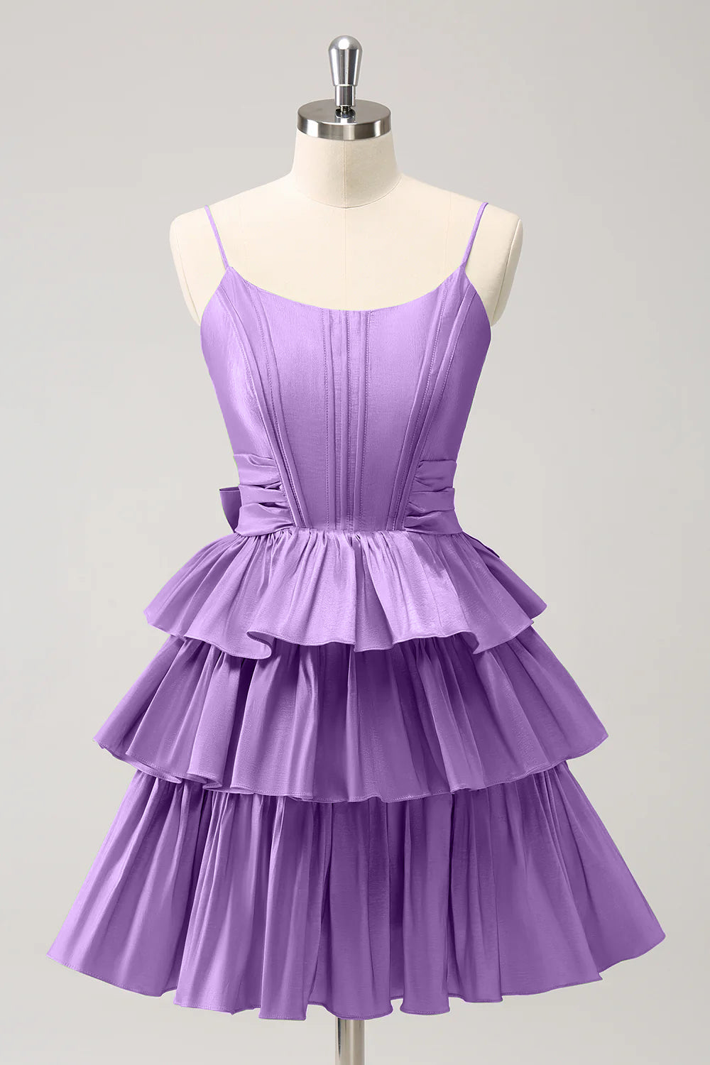 Hot Pink A Line Spaghetti Straps Corset Tiered Ruffle Homecoming Dress with Bow