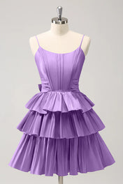 A Line Spaghetti Straps Corset Tiered Ruffle Homecoming Dress with Bow