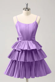 Hot Pink A Line Spaghetti Straps Corset Tiered Ruffle Homecoming Dress with Bow